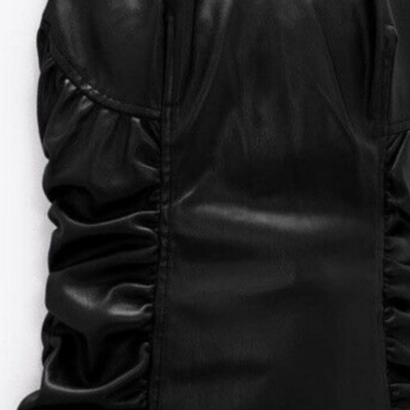 NEW! ZARA Black Sleeveless Vegan Leather Ruched Mini Dress Large. - Picture 3 of 7